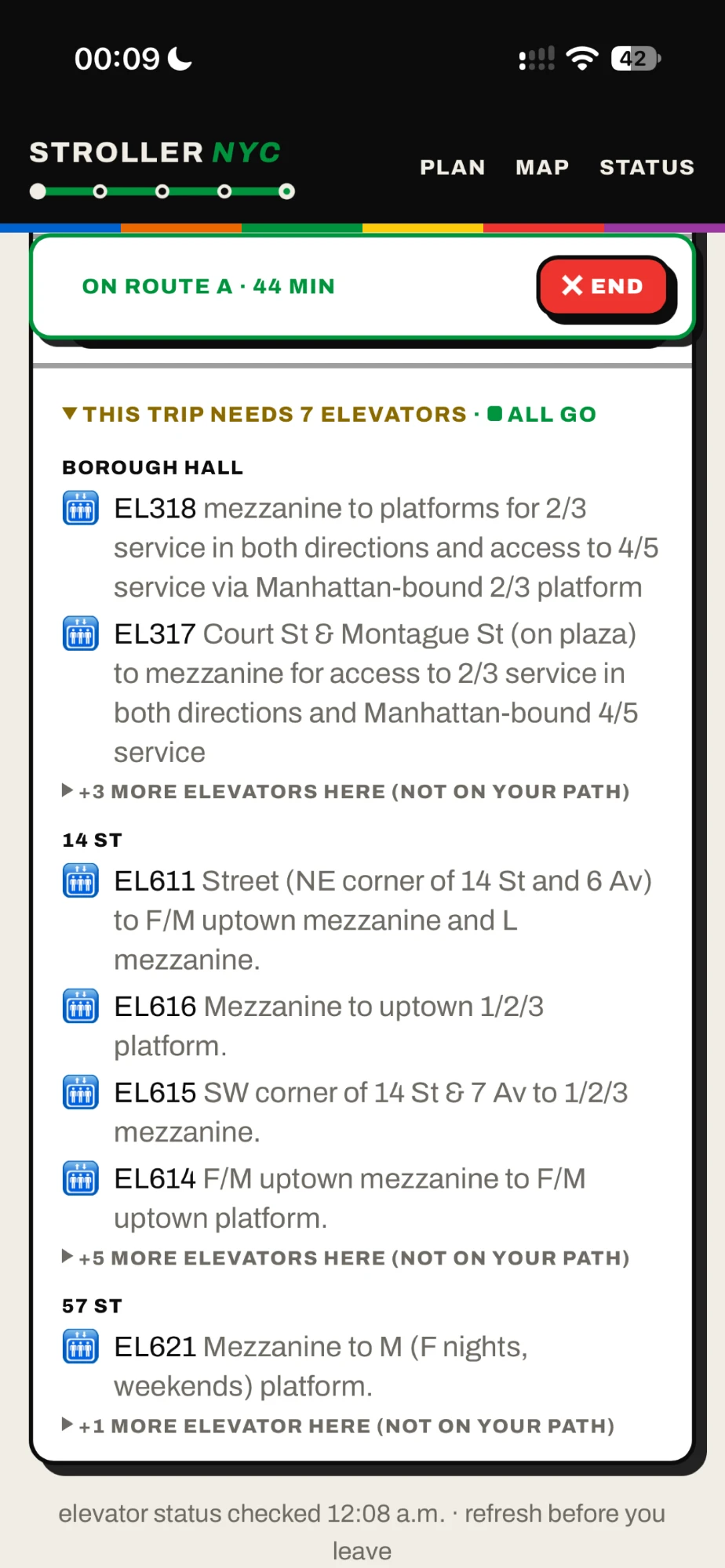 Every elevator the trip depends on, with its live status — and the ones at the same station you don't need