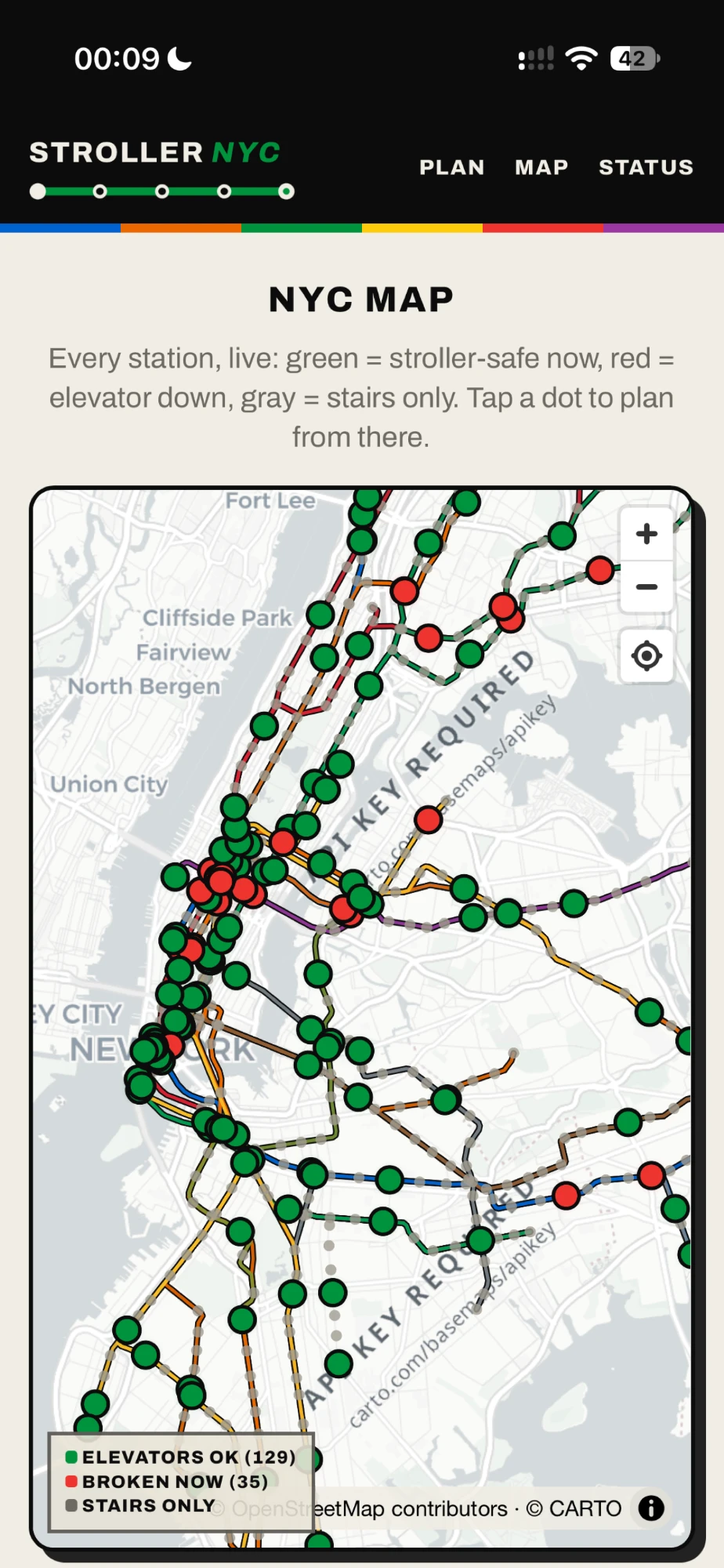 Every station, live: green means the elevators work right now, red means one is down, gray means stairs only