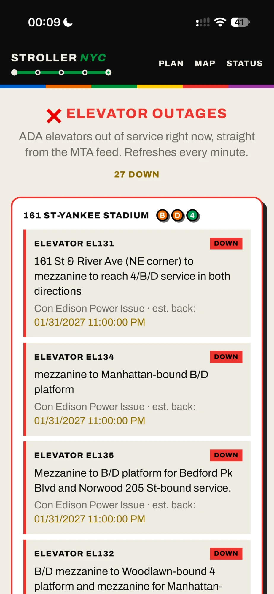 The live outage board: every ADA elevator out of service, system-wide, refreshed every minute